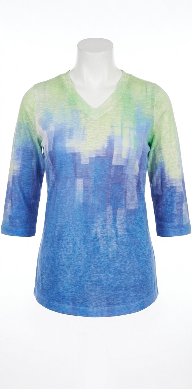 NEW FDJ nisa notch neck three quarter sleeve jersey top in mojito gradient